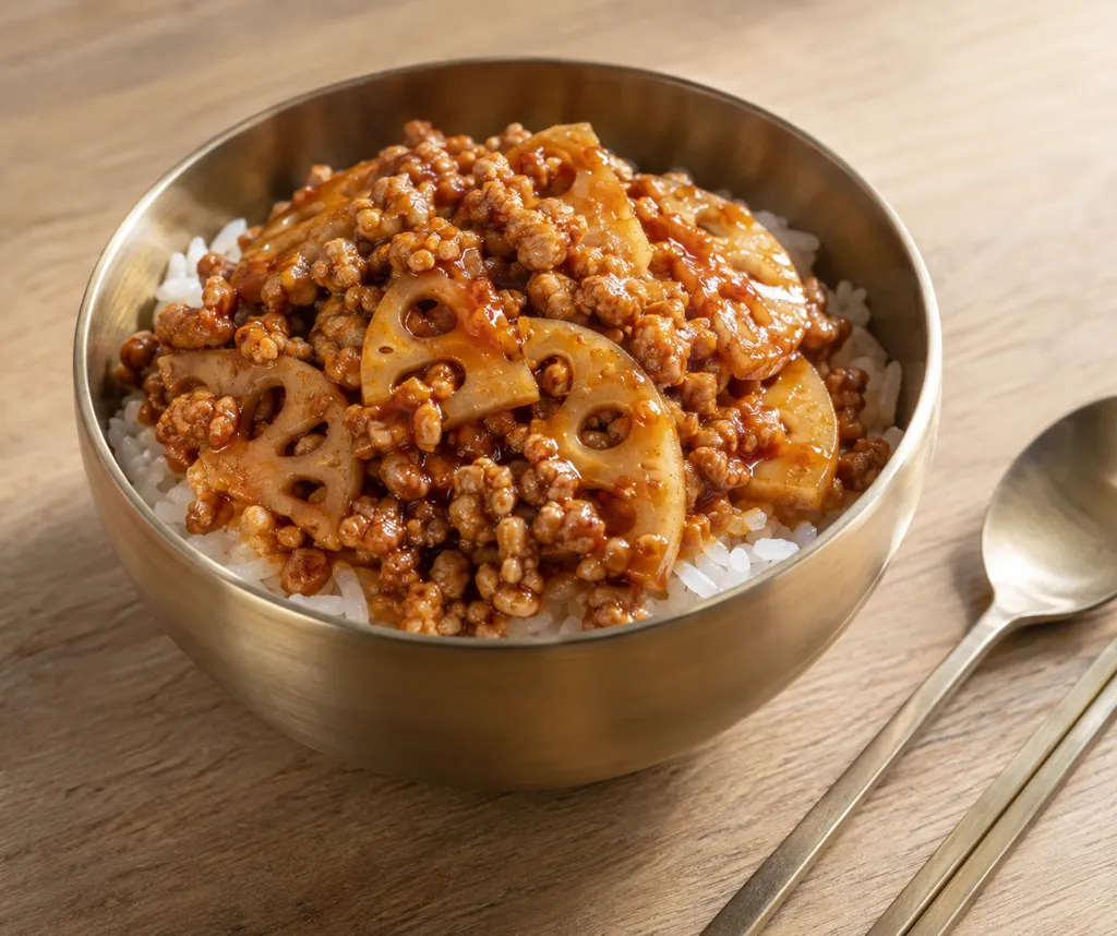 鶏ひき肉とれんこんの韓国甘辛丼の完成イメージ