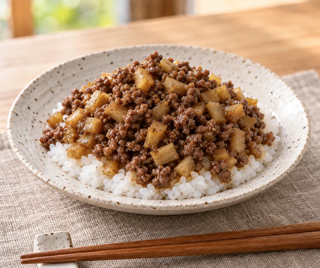 牛肉と豆腐の甘辛そぼろ丼の完成イメージ
