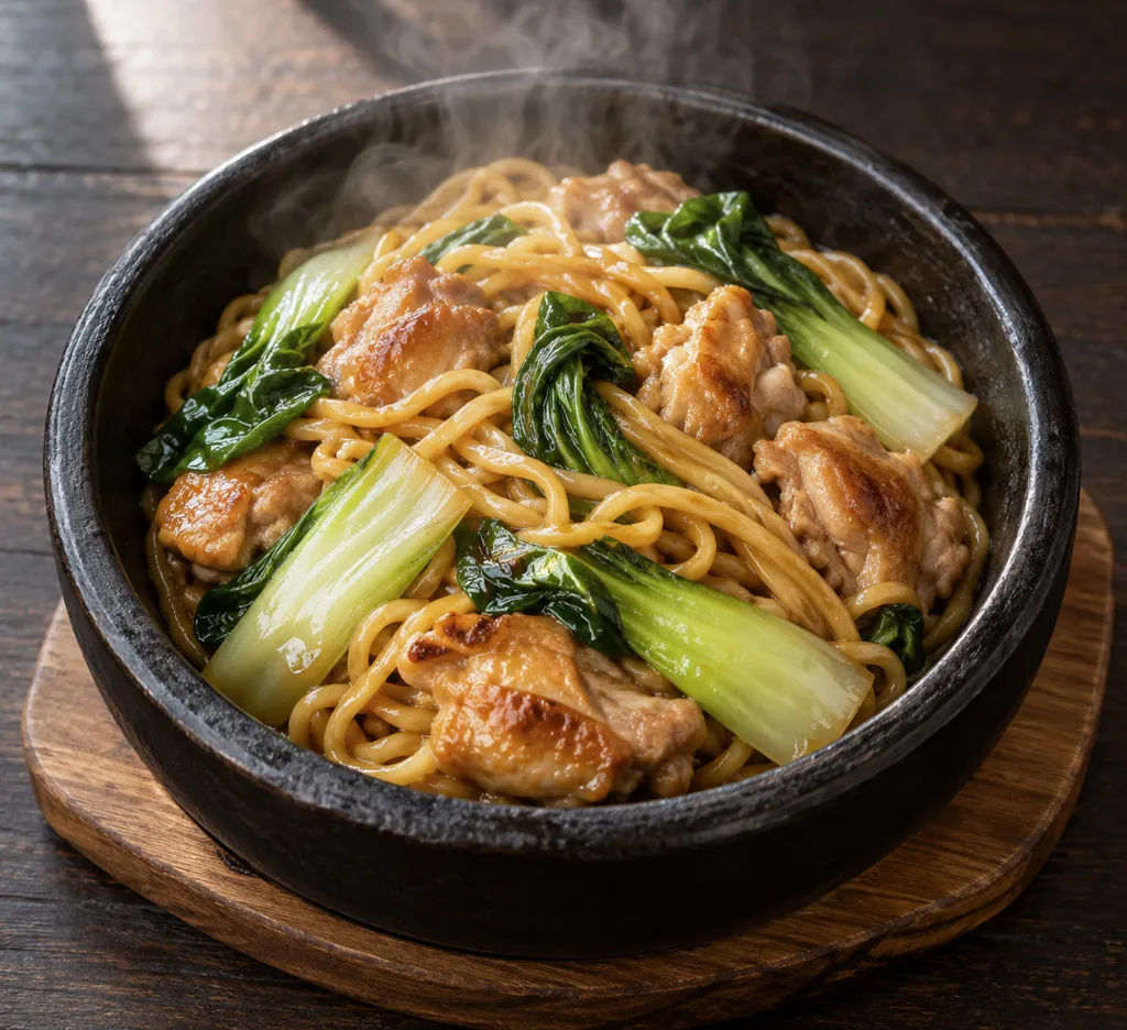 鶏もも肉とチンゲン菜のエスニック焼き麺の完成イメージ