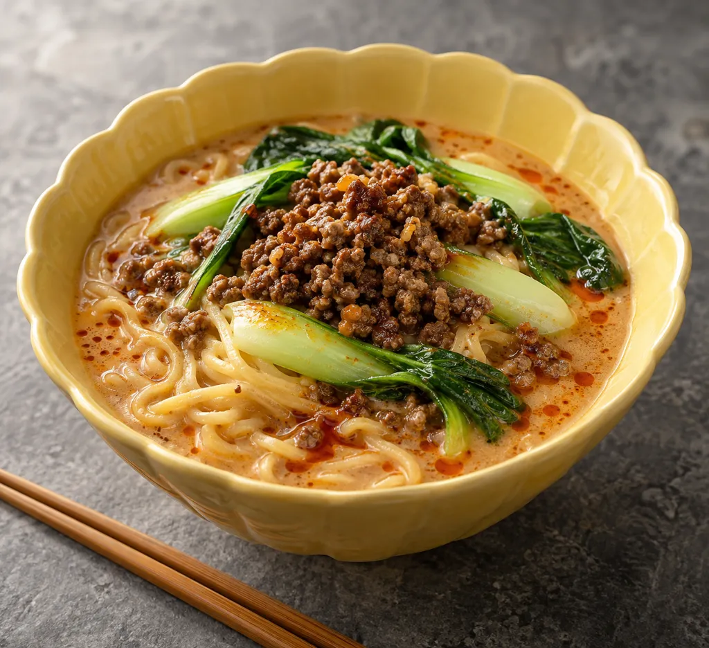 牛ひき肉とチンゲン菜の濃厚担々麺の完成イメージ