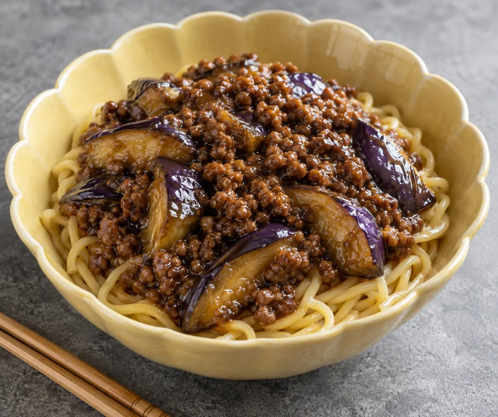 牛ひき肉となすのジャージャー麺の完成イメージ
