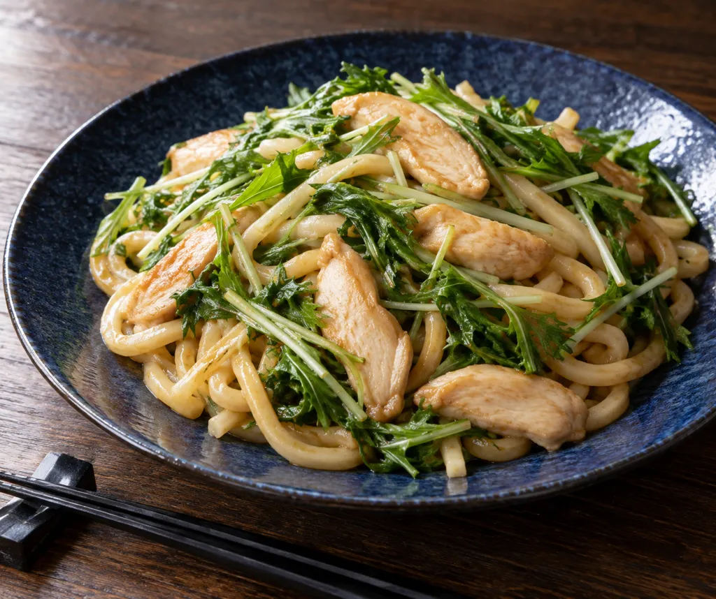 鶏むね肉と水菜の和風焼きうどんの完成イメージ