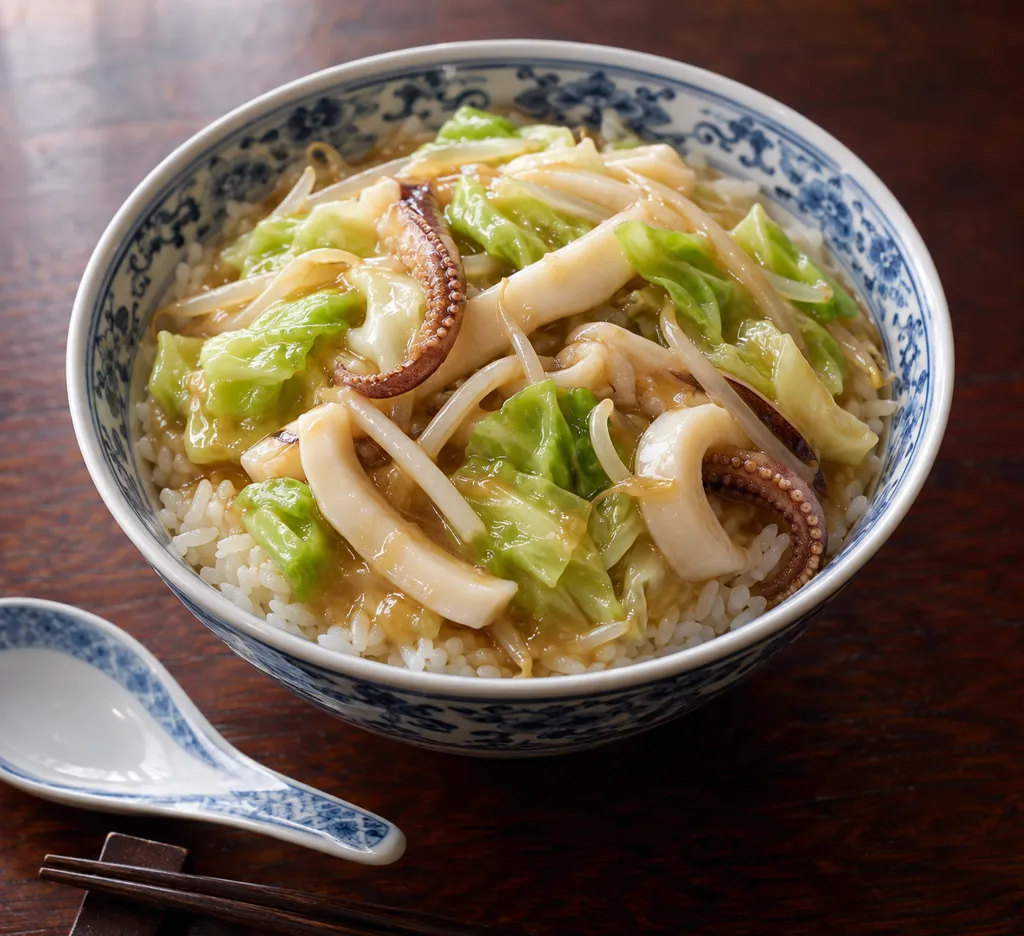 いかとキャベツの中華丼の完成イメージ