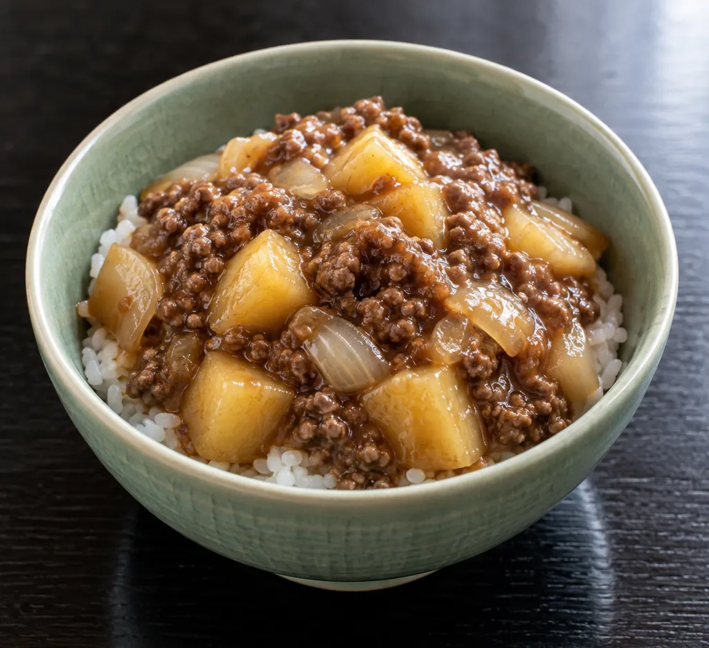 牛ひき肉とじゃがいものあんかけ丼の完成イメージ
