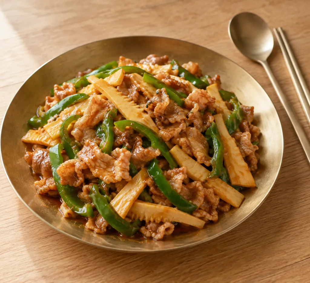 豚こま肉とたけのこの旨辛炒めの完成イメージ
