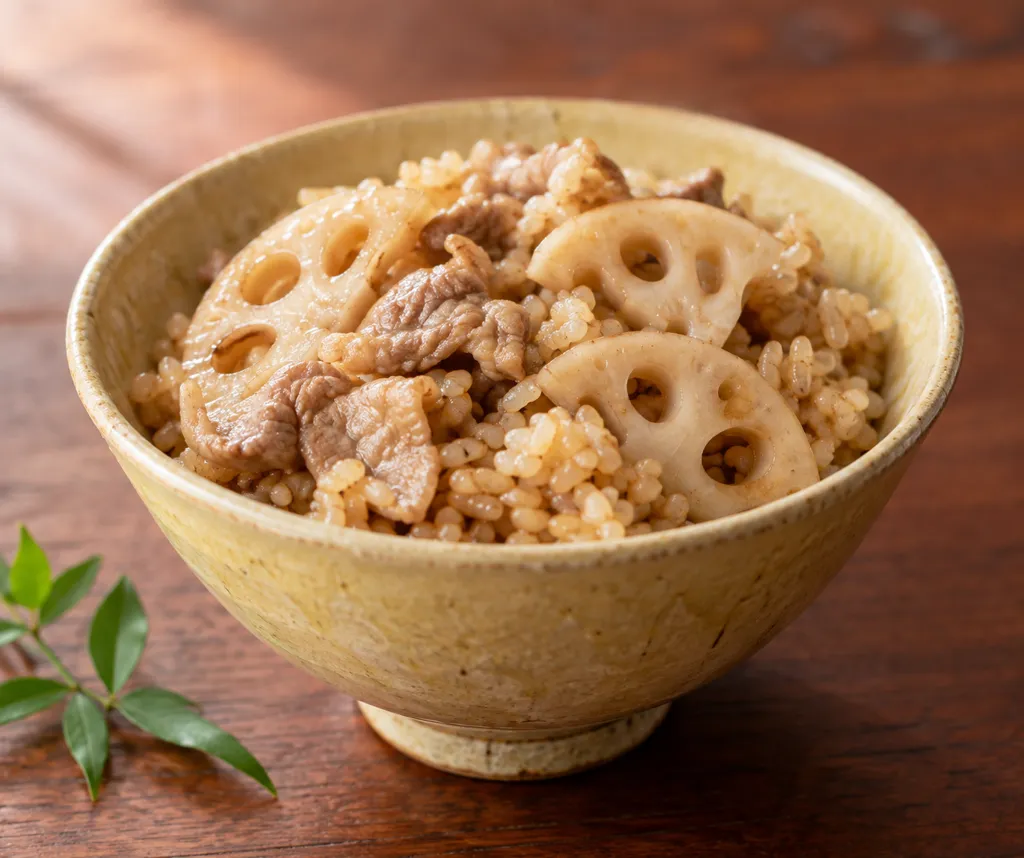 豚こま肉とれんこんの玄米炊き込みごはんの完成イメージ