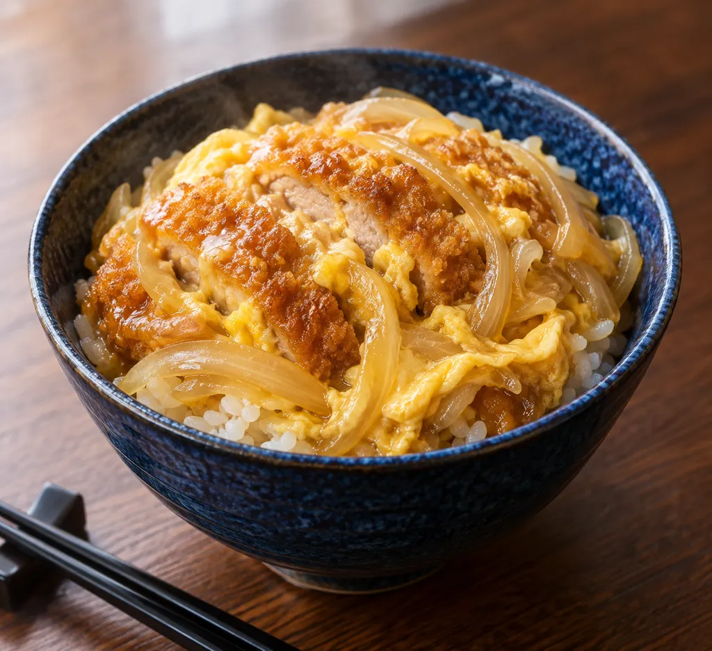 時短豚肉と玉ねぎの卵とじかつ丼の完成イメージ