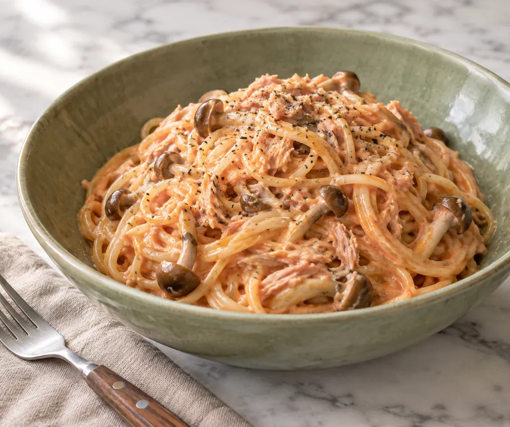 ツナとしめじのケチャップマヨパスタの完成イメージ