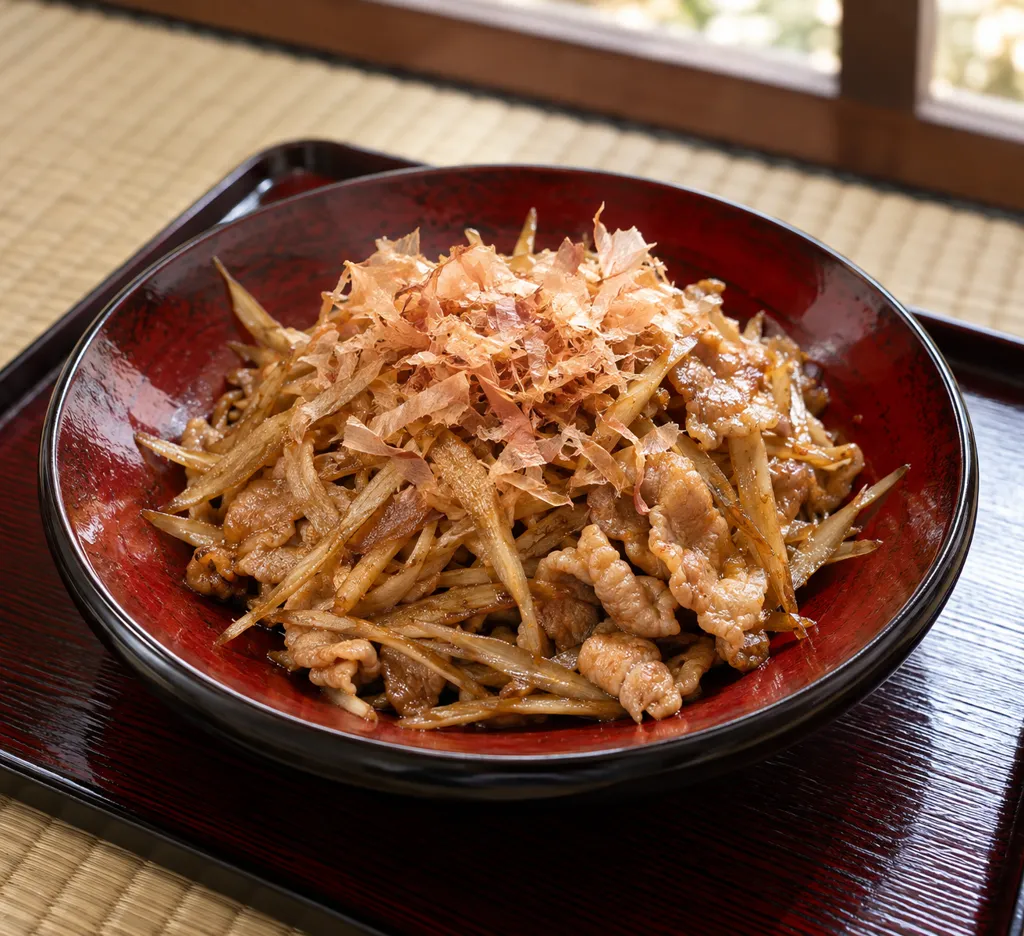 豚こま肉とごぼうのおかか炒めの完成イメージ