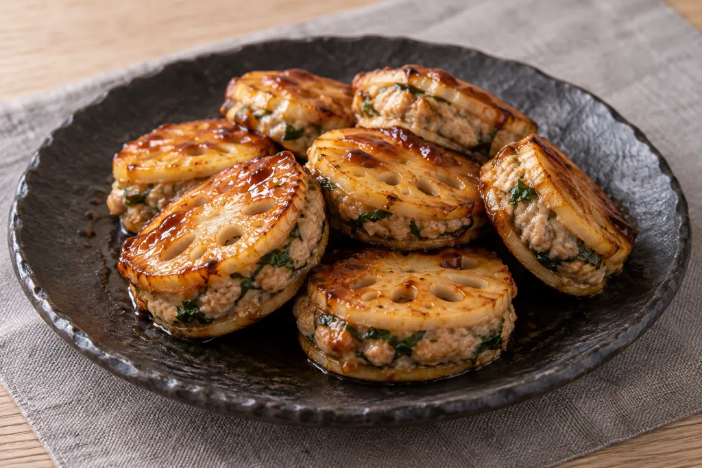 れんこんと鶏ひき肉の大葉入りはさみ焼きの完成イメージ