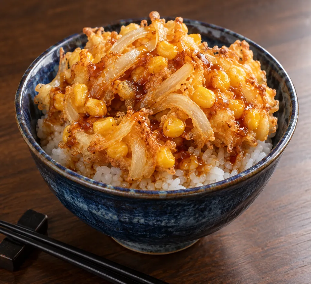 とうもろこしと玉ねぎのかき揚げ天丼の完成イメージ