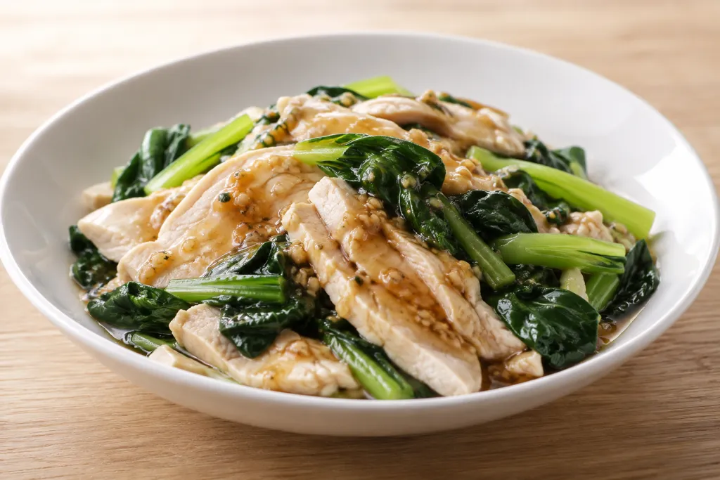 鶏むね肉と小松菜の中華蒸し鶏の完成イメージ