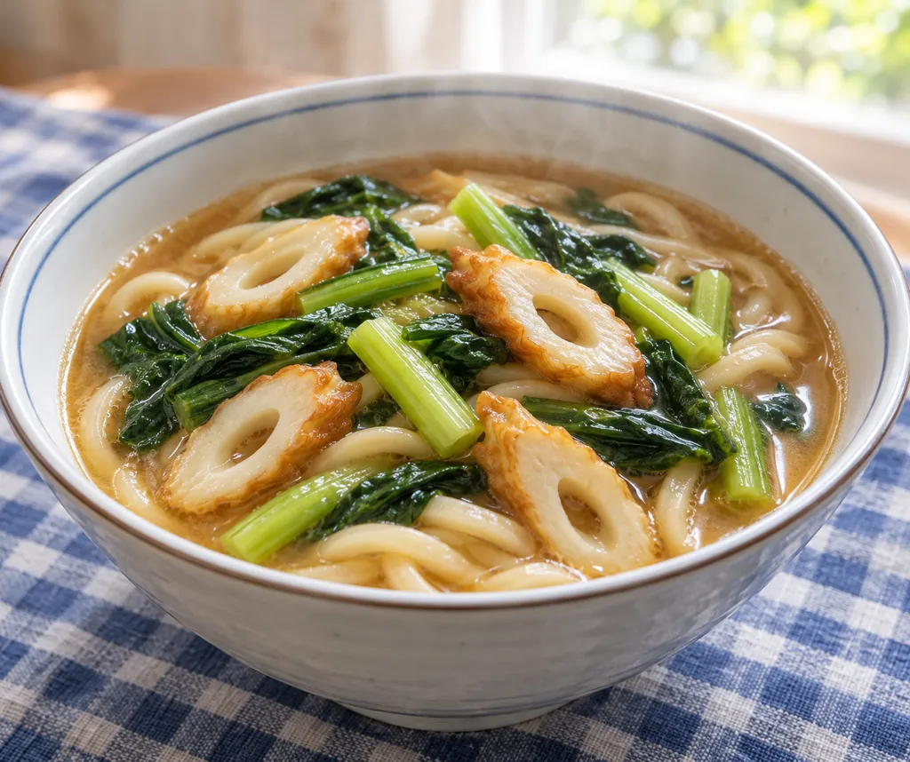 ちくわと小松菜の味噌煮込みうどんの完成イメージ