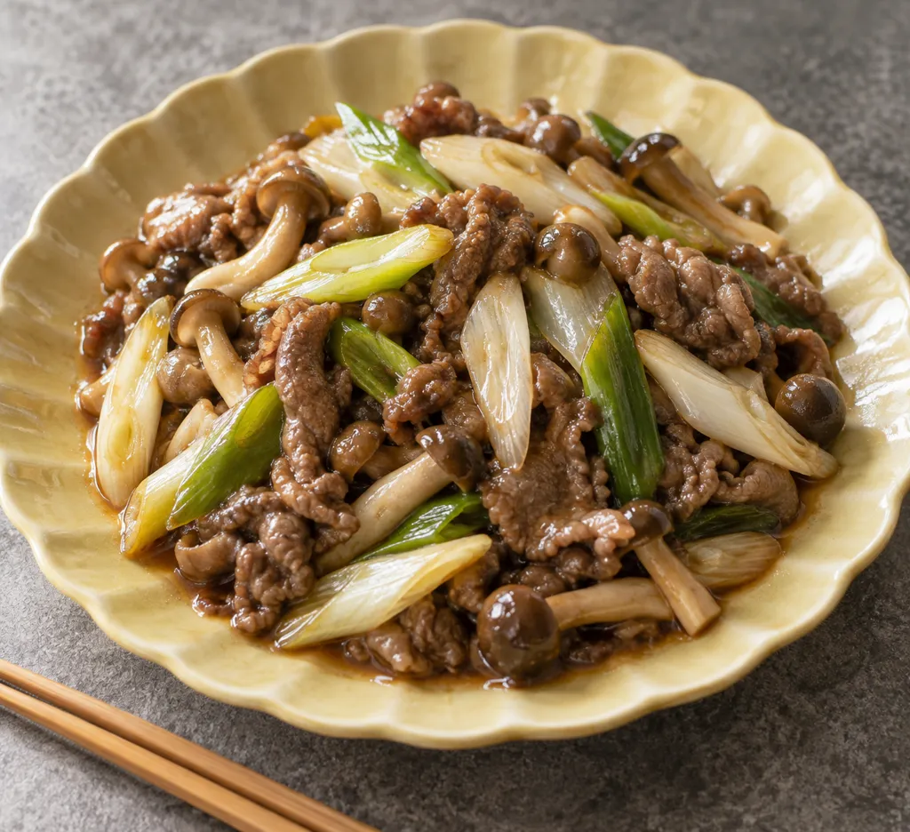 牛薄切り肉としめじの中華炒めの完成イメージ