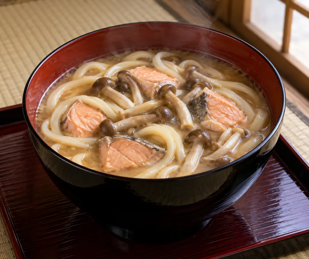 鮭としめじの味噌煮込みうどんの完成イメージ
