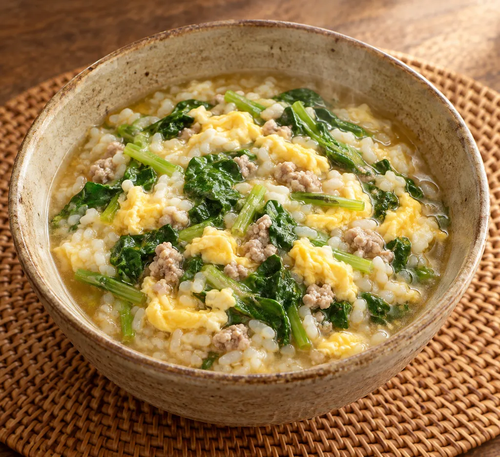 豚ひき肉と春菊の卵雑炊の完成イメージ