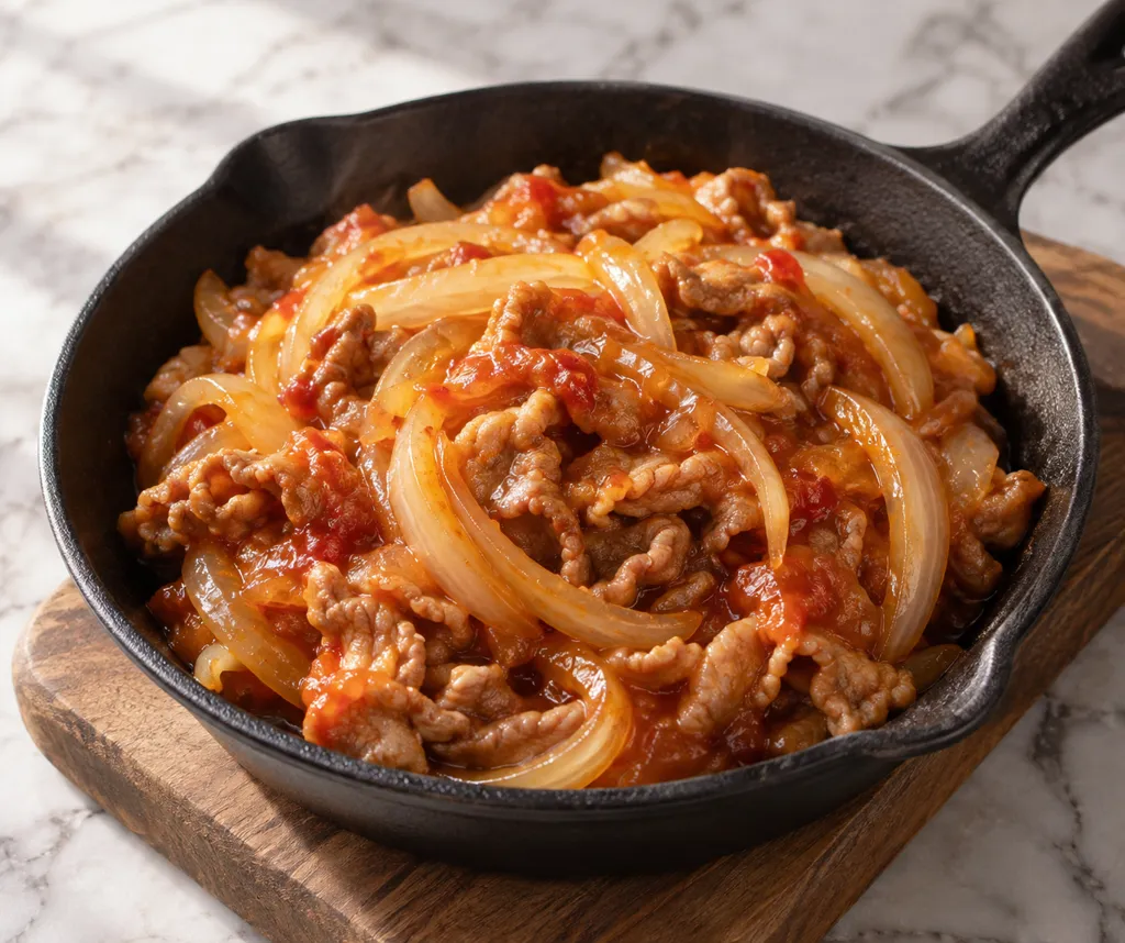 豚こま肉と玉ねぎのスイートチリ炒めの完成イメージ