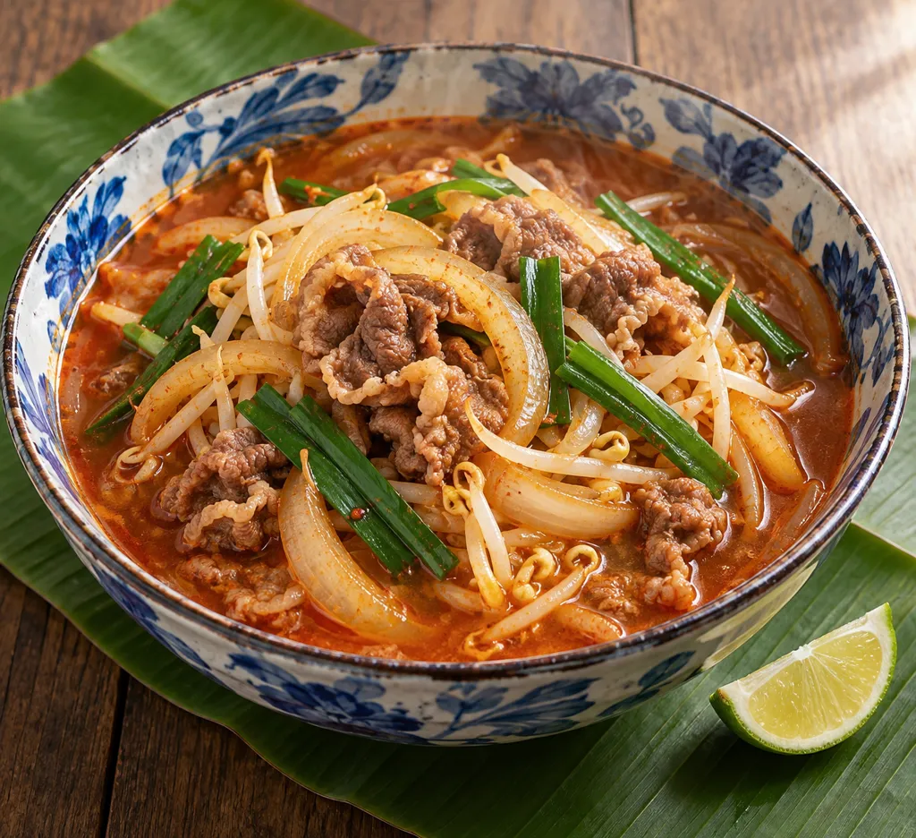 牛薄切り肉と玉ねぎのユッケジャン風鍋の完成イメージ