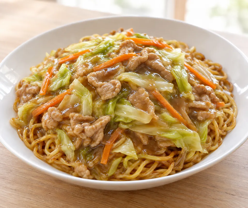 時短豚こま肉とキャベツの中華あんかけ麺の完成イメージ