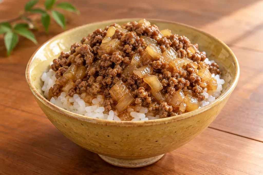 合いびき肉と玉ねぎのそぼろ丼の完成イメージ