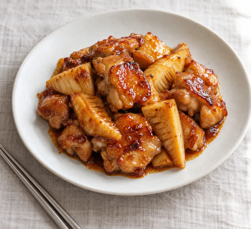 鶏もも肉とたけのこのチリ照り焼きの完成イメージ