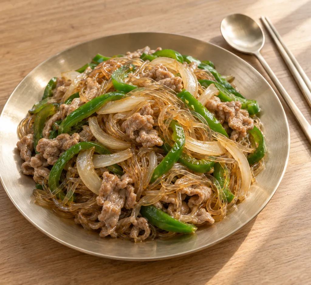 時短豚こま肉とピーマンのチャプチェの完成イメージ