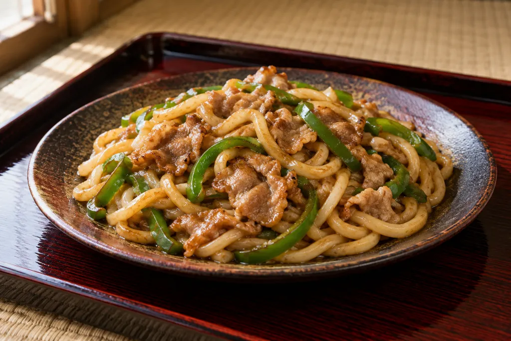 豚こま肉とピーマンの和風焼きうどんの完成イメージ