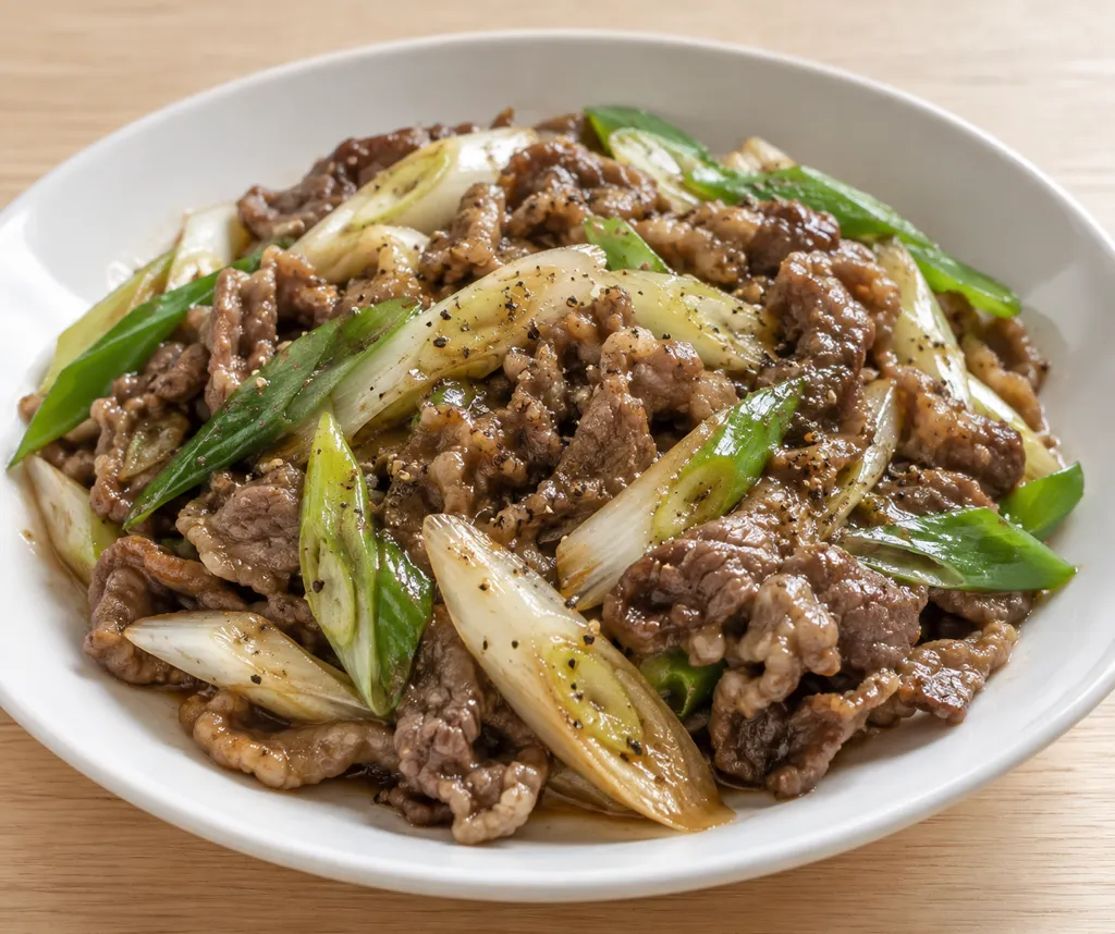 牛薄切り肉とねぎの黒こしょう炒めの完成イメージ