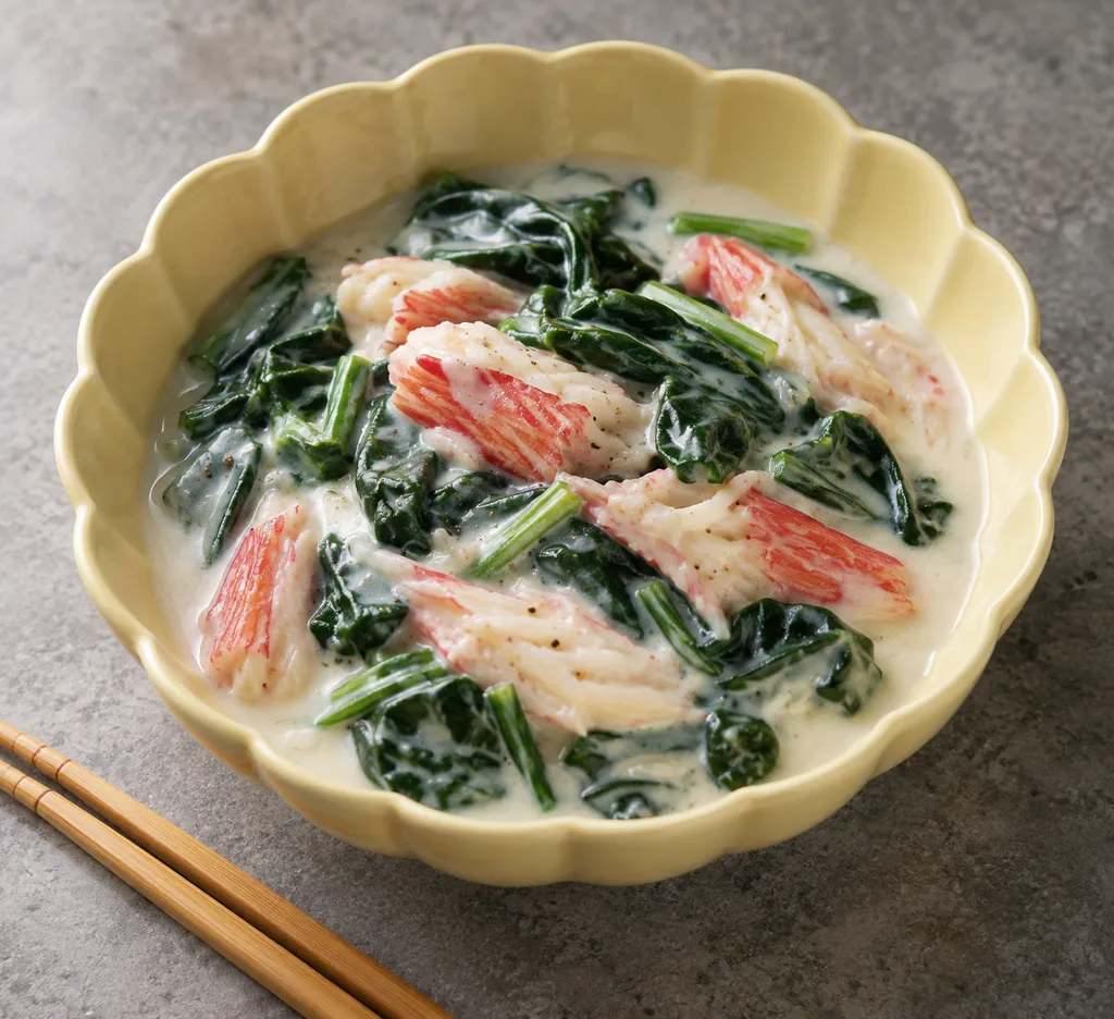 かにかまとほうれん草の中華ミルク煮の完成イメージ