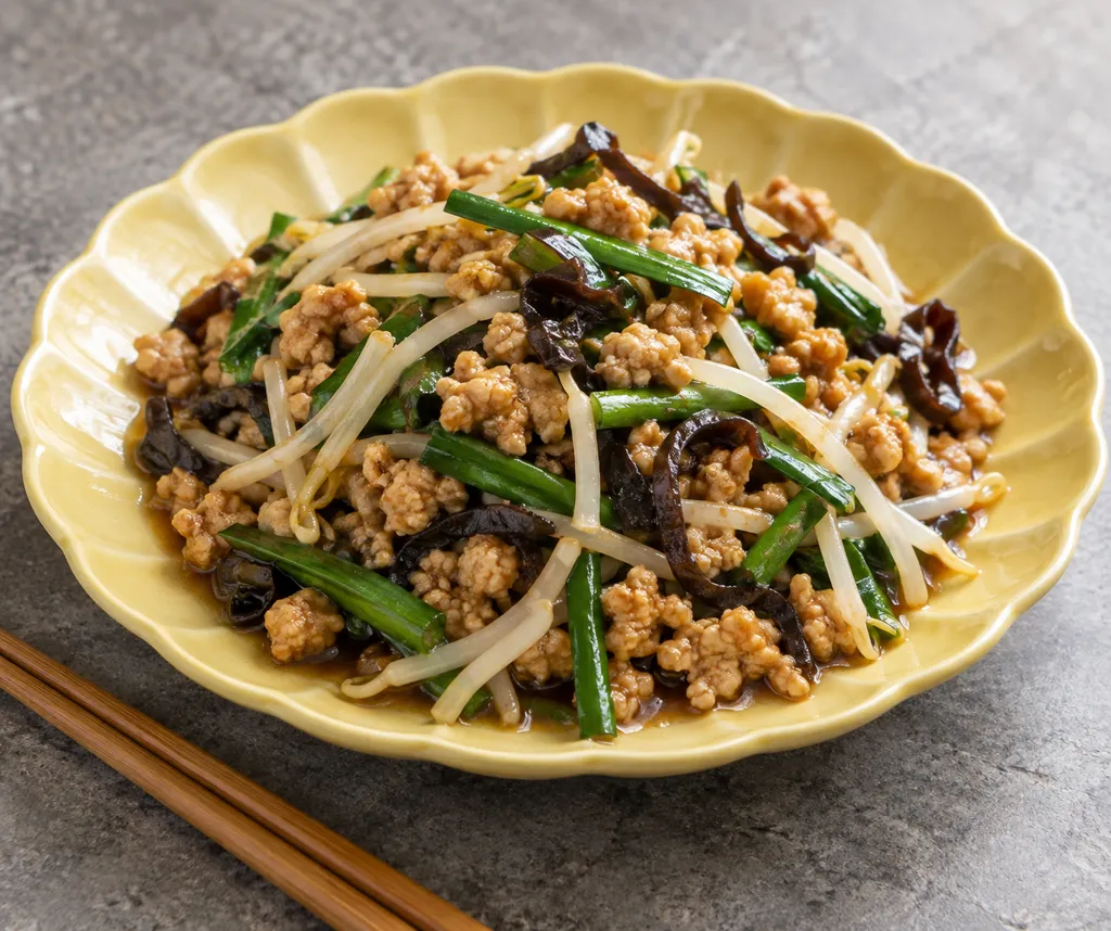 鶏ひき肉ともやしの炒めの完成イメージ