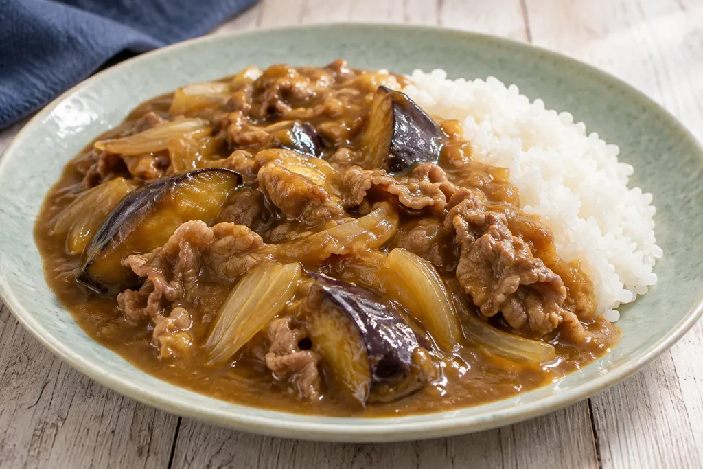 牛薄切り肉となすの和風カレーの完成イメージ