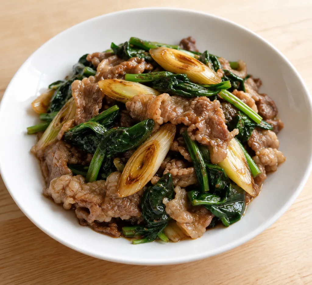 牛バラ肉とほうれん草のねぎ炒めの完成イメージ
