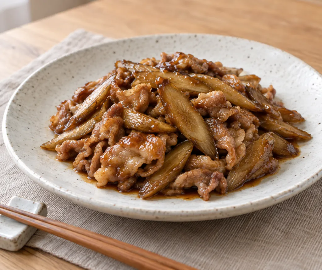 豚肩ロースとごぼうの甘辛味噌焼きの完成イメージ