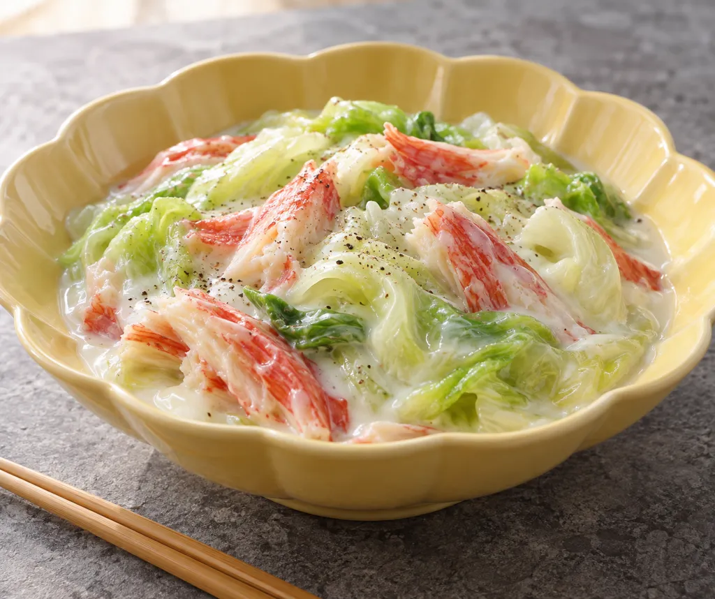 かにかまとレタスの中華ミルク煮の完成イメージ