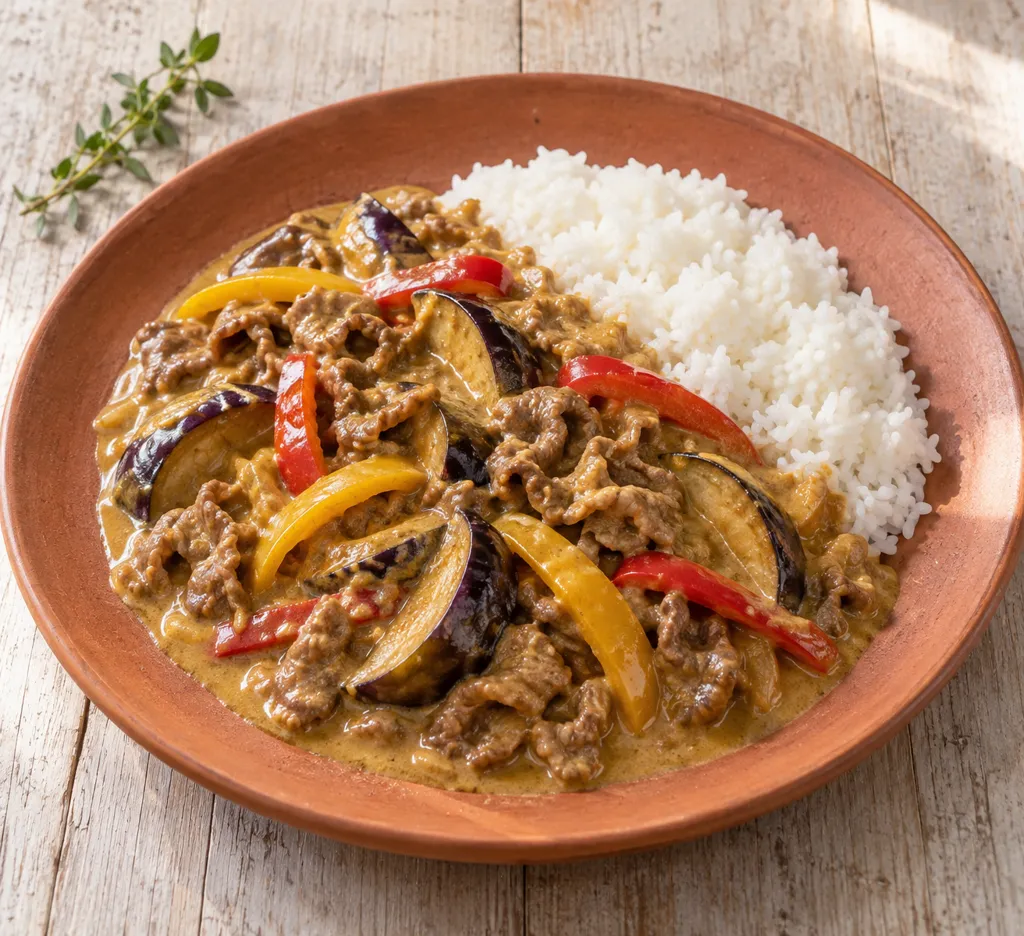 牛薄切り肉となすのカレークリーム煮の完成イメージ
