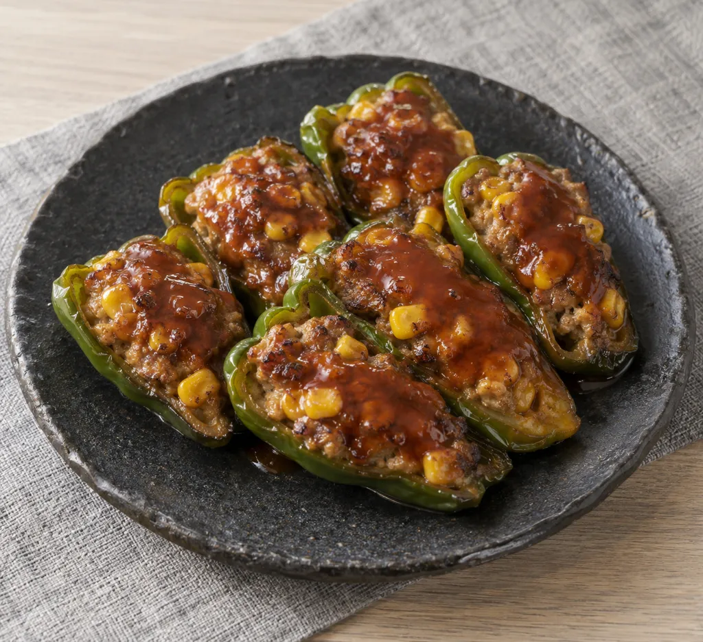 合いびき肉とコーンのピーマン肉詰めの完成イメージ