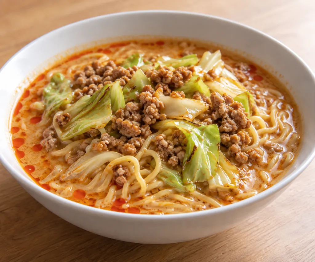 豚ひき肉とキャベツの担々麺風の完成イメージ