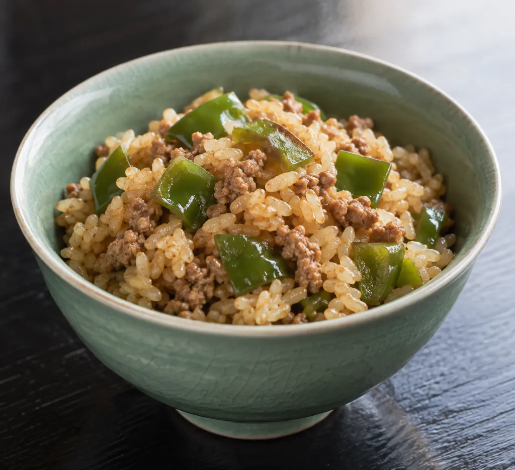 豚ひき肉とピーマンの中華炊き込みご飯の完成イメージ