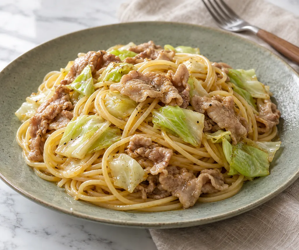 豚こま肉とキャベツのにんにく醤油パスタの完成イメージ