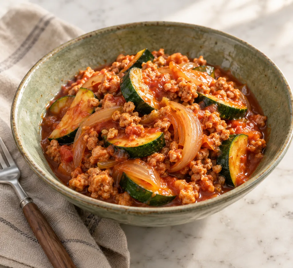 鶏ひき肉とズッキーニのケチャップ煮の完成イメージ