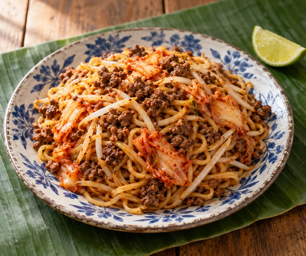 牛ひき肉ともやしのキムチ焼き麺の完成イメージ