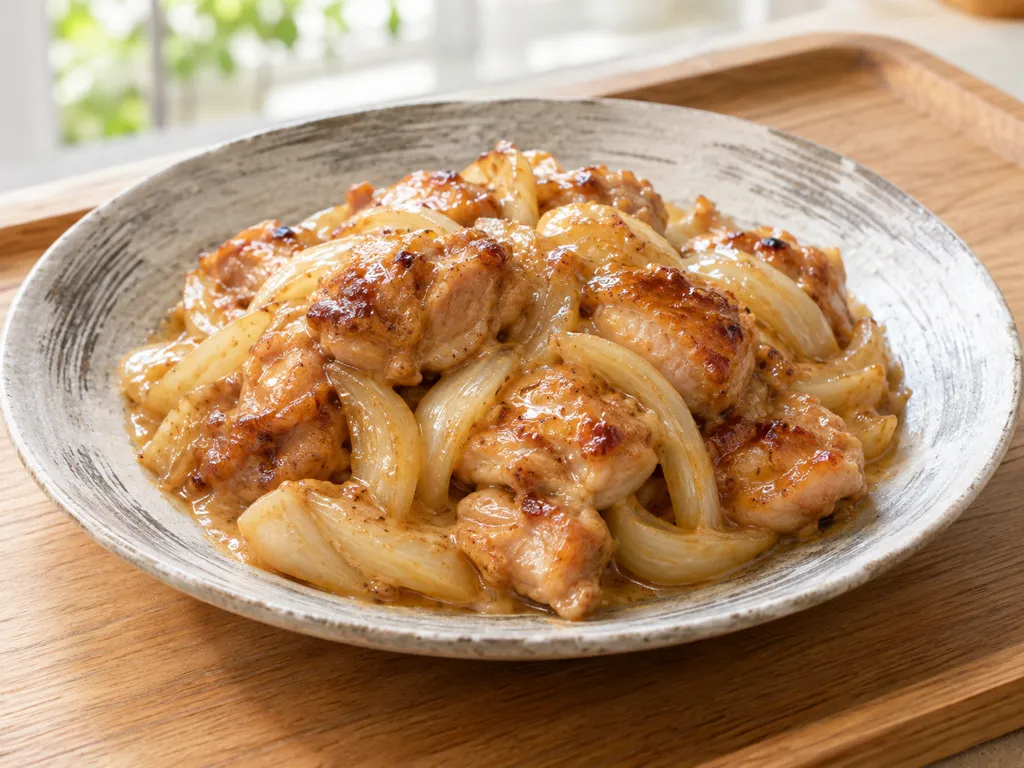 鶏もも肉と玉ねぎの甘辛マヨ焼きの完成イメージ