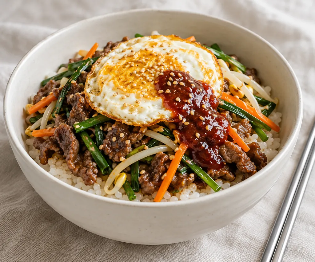 牛薄切り肉とニラのビビンバの完成イメージ
