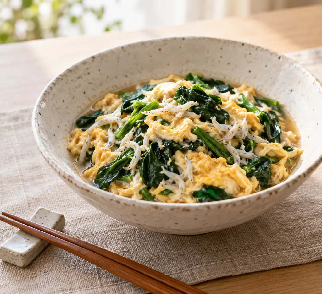 しらすとほうれん草の卵とじの完成イメージ