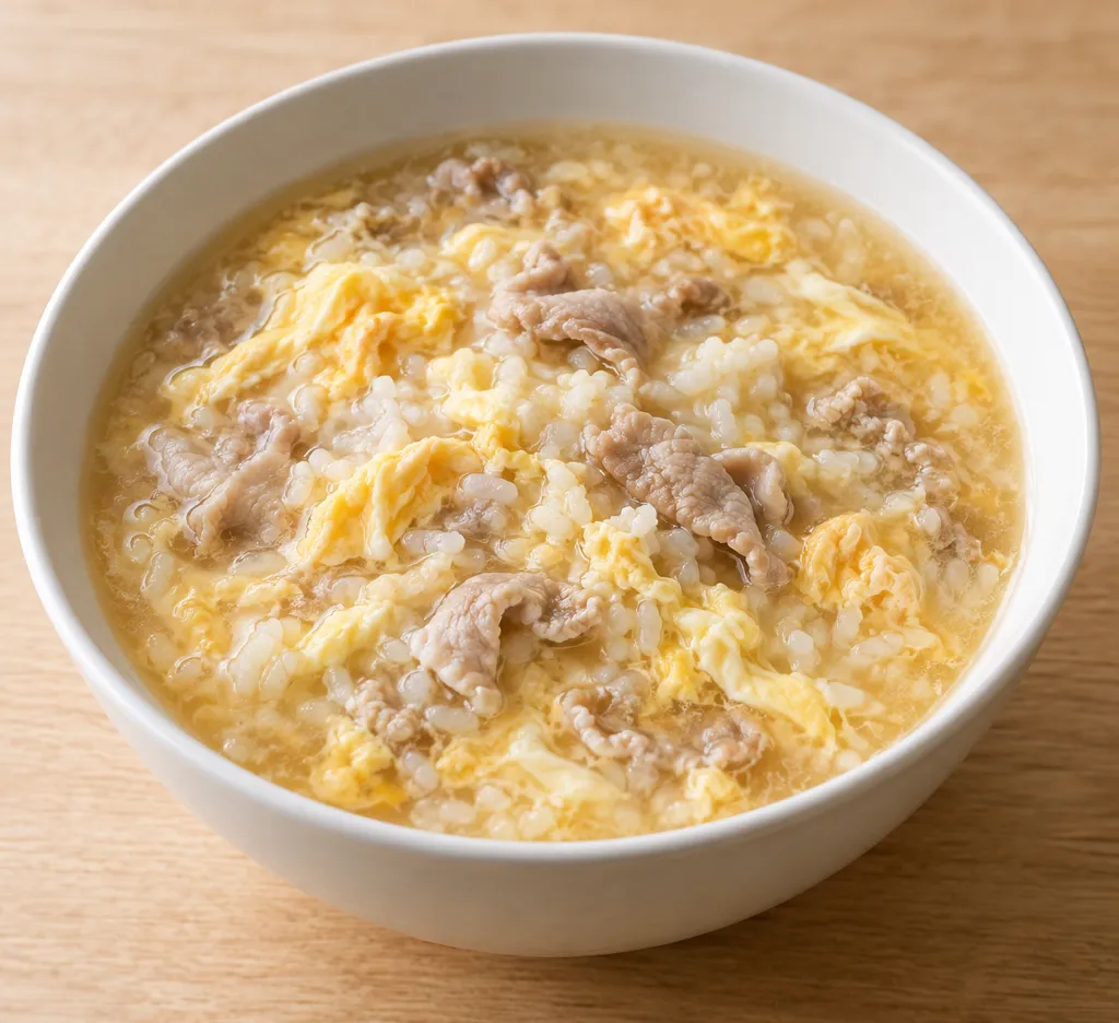 豚こま肉と卵の中華雑炊の完成イメージ