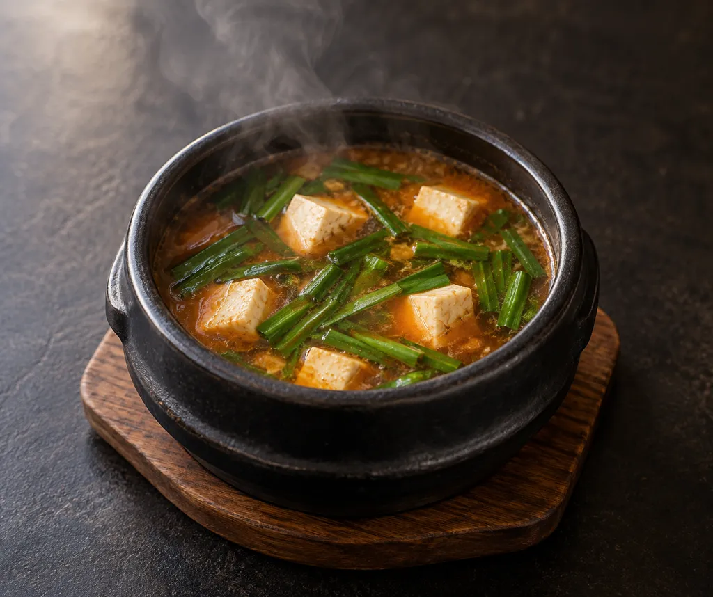 豆腐とニラの韓国風味噌スープの完成イメージ