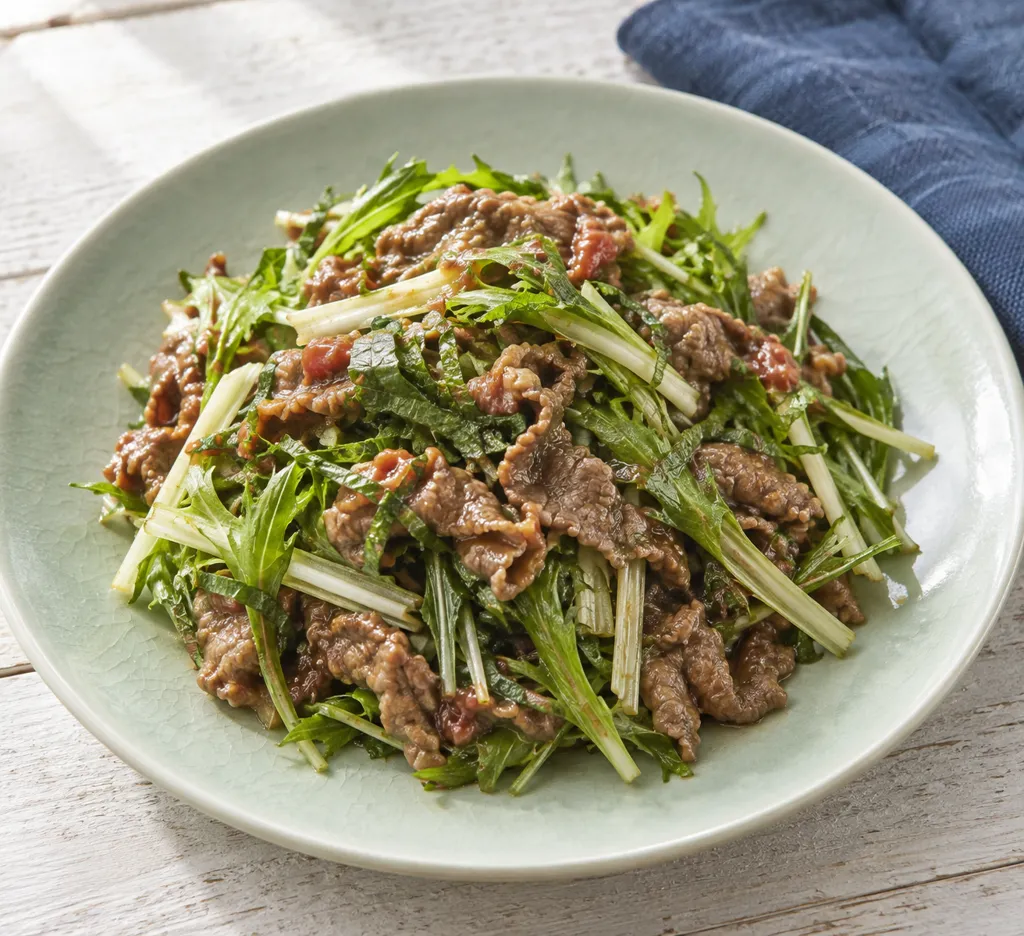 牛肉と水菜の梅しそ炒めの完成イメージ