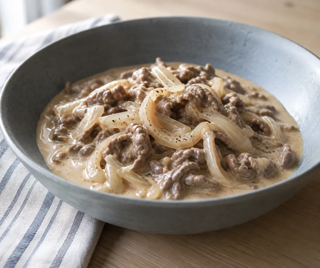 牛こま肉と新玉ねぎのビーフストロガノフの完成イメージ