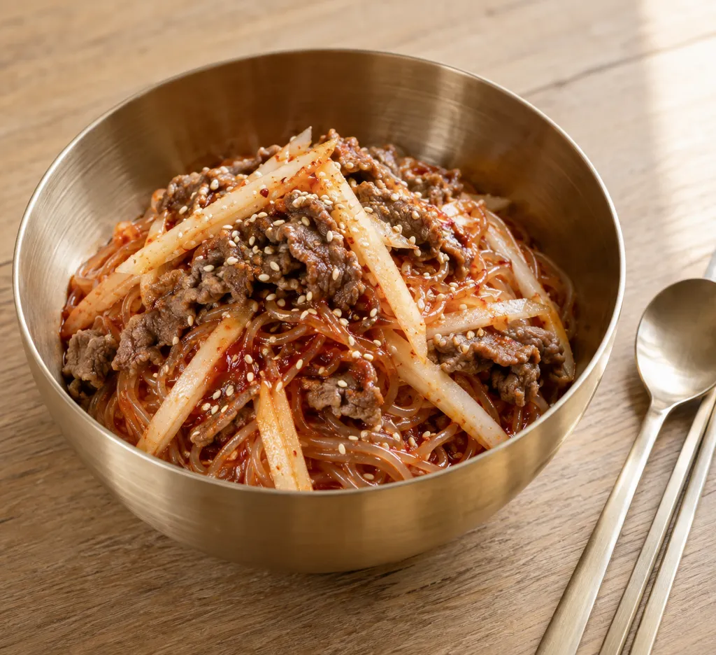 時短牛こま肉と梨のビビン冷麺の完成イメージ