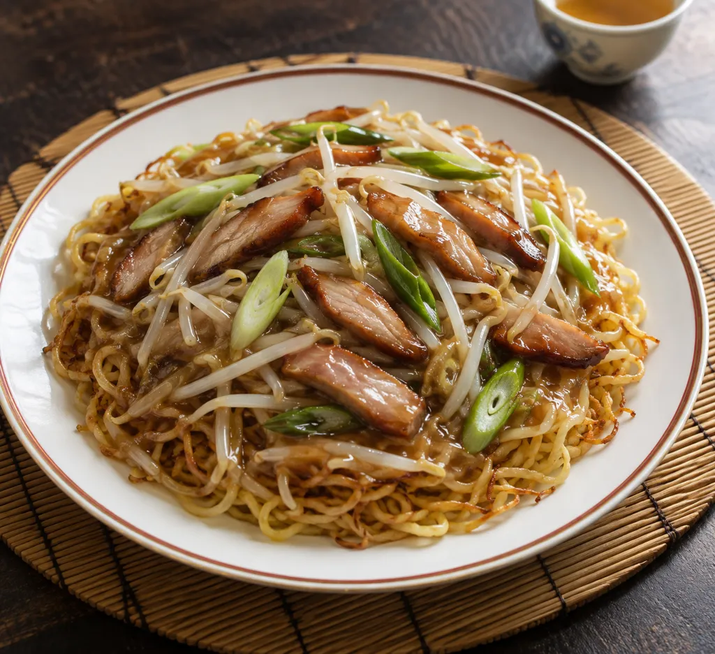チャーシューともやしの中華あんかけ麺の完成イメージ